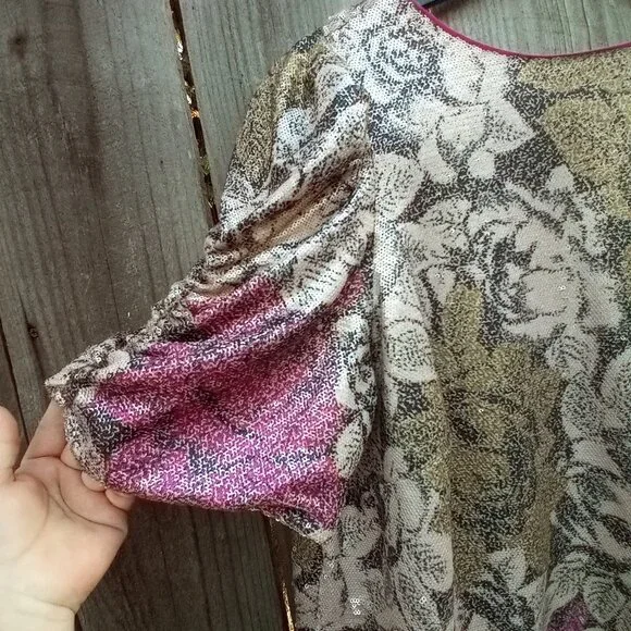 Anthropologie Top Womens Sz 18W Pink Marie Sequin Puff Sleeve Blouse New Floral - Picture 5 of 16